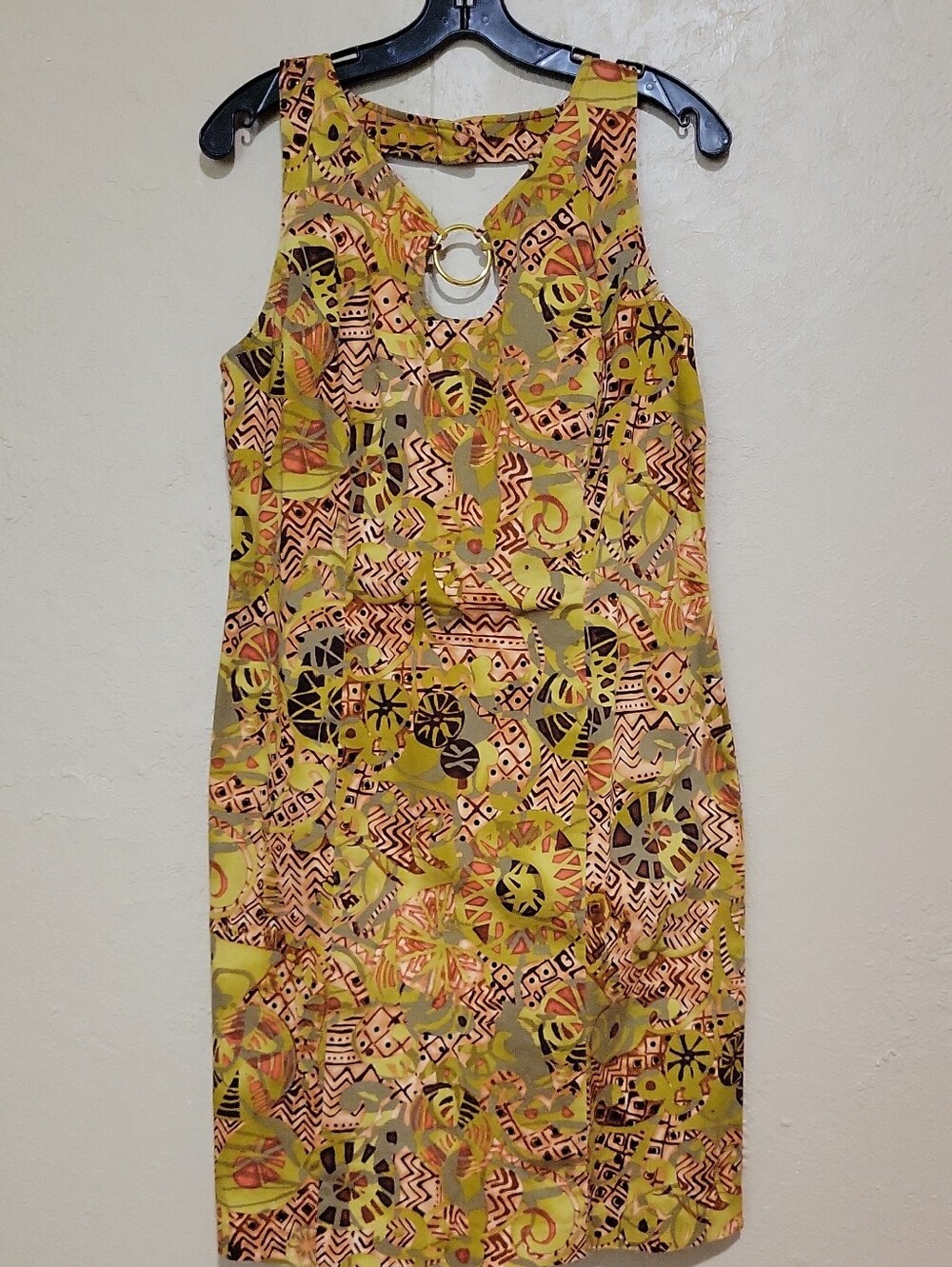 Dress Barn Yellow Patterned Midi Dress with Ring Accent